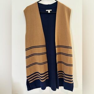 Dana Buchman Women’s Large Tan Navy Blue Open Front Long Vest NWT Fall Casual